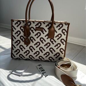 Furla Monogram Brown and Cream Tote